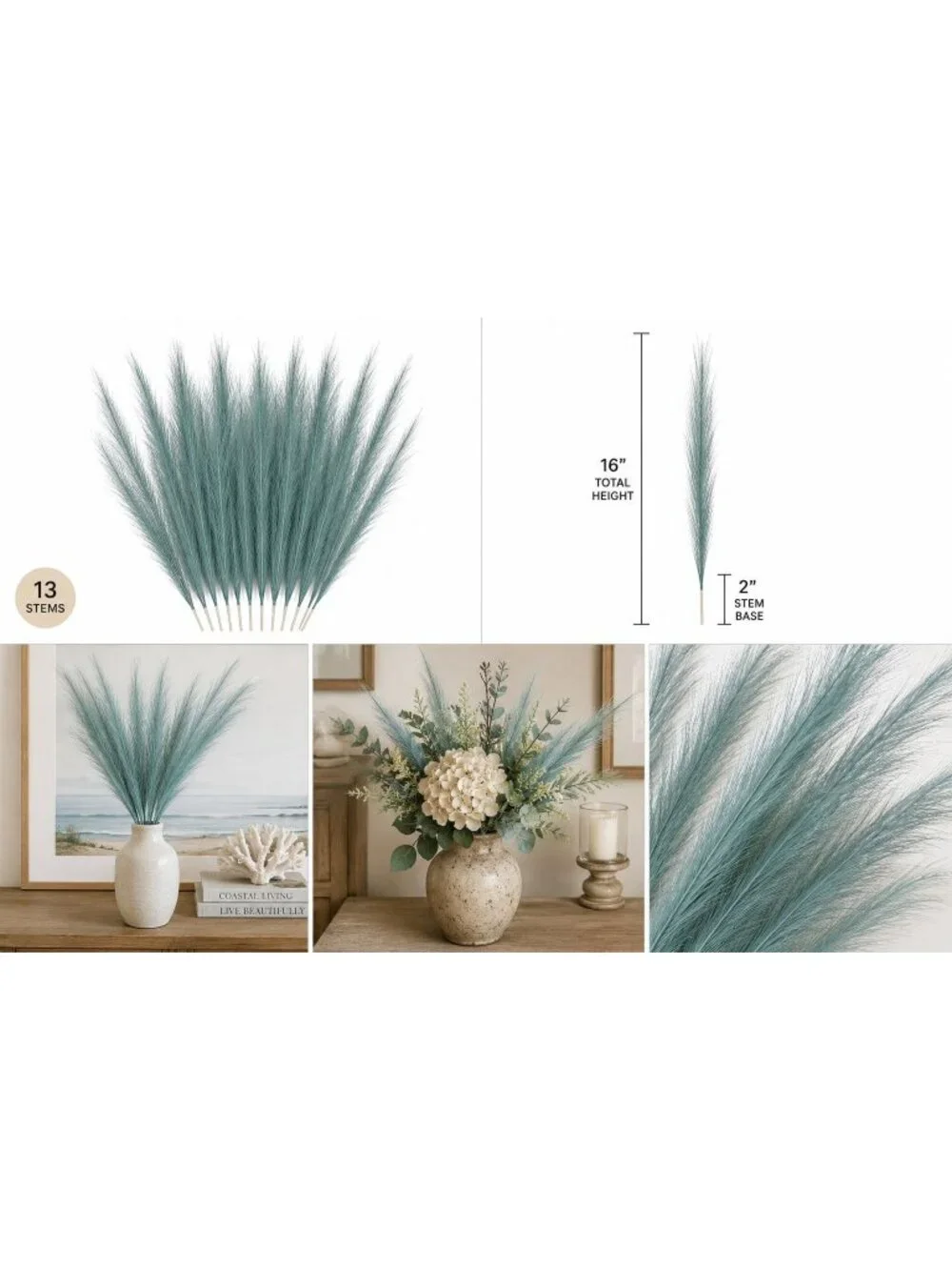 Teal Pampas Grass Stems 13 Pc Wispy Artificial Filler Grass 16 Inch Faux Floral